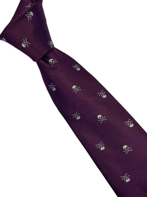 purple tie with white skull and crossbone design