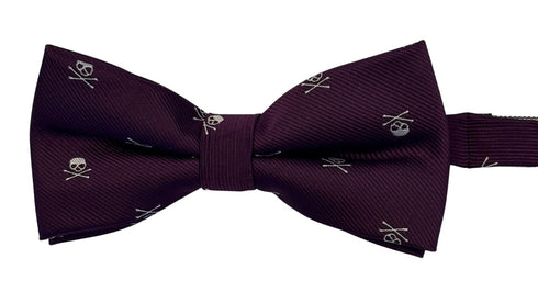 purple bow tie with white blue skull and crossbone design