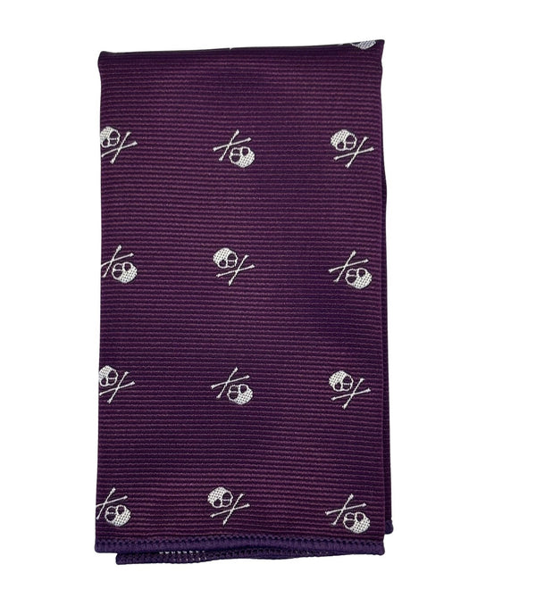 purple pocket square with white skull and crossbones design