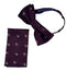 matching purple bow tie and pocket square with white skull and crossbone design