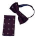 matching purple bow tie and pocket square with white skull and crossbone design