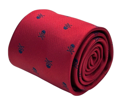 dark red tie with navy blue skull and crossbone design
