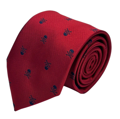 dark red tie with navy blue skull and crossbone design