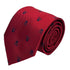 matching dark red tie and pocket square with navy blue skull and crossbone design