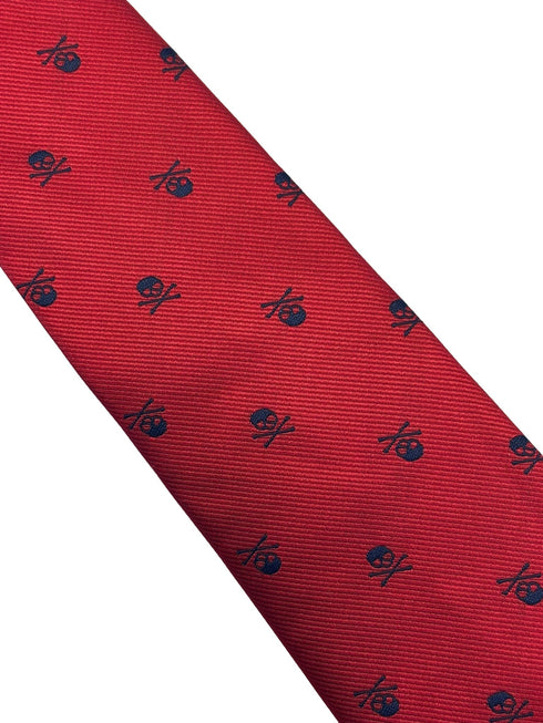 dark red tie with navy blue skull and crossbone design