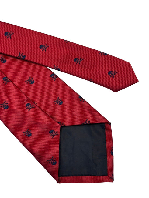 dark red tie with navy blue skull and crossbone design