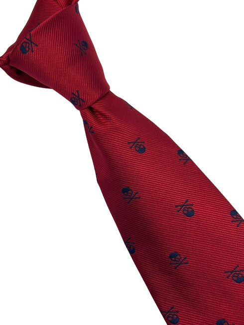 dark red tie with navy blue skull and crossbone design