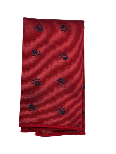 matching dark red tie and pocket square with navy blue skull and crossbone design