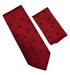 matching dark red tie and pocket square with navy blue skull and crossbone design