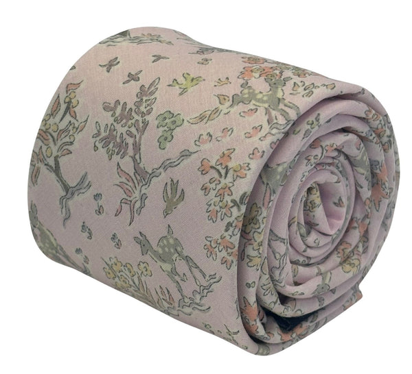 blush pale pink cotton tie with woodland deer fawn design