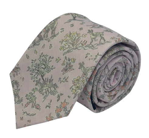 blush pale pink cotton tie with woodland deer fawn design