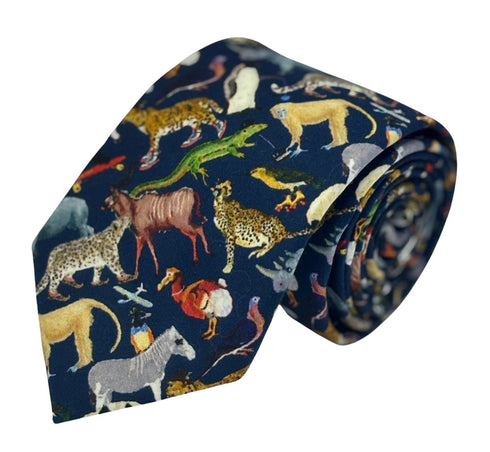 navy blue cotton tie with liberty style jungle animal design