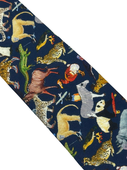 navy blue cotton tie with liberty style jungle animal design