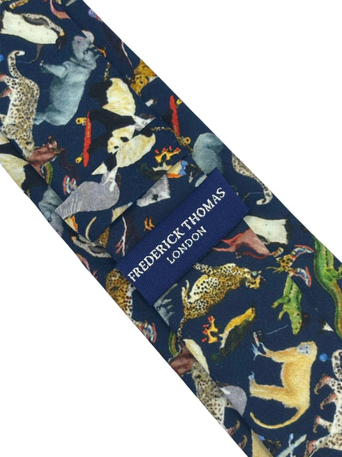 navy blue cotton tie with liberty style jungle animal design