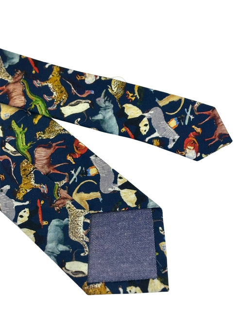 navy blue cotton tie with liberty style jungle animal design