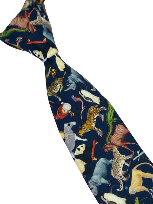 navy blue cotton tie with liberty style jungle animal design