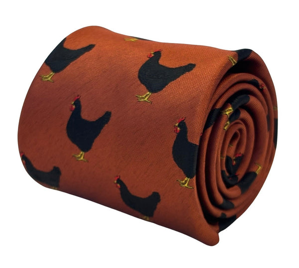 copper burnt orange tie with chicken rooster embroidered design