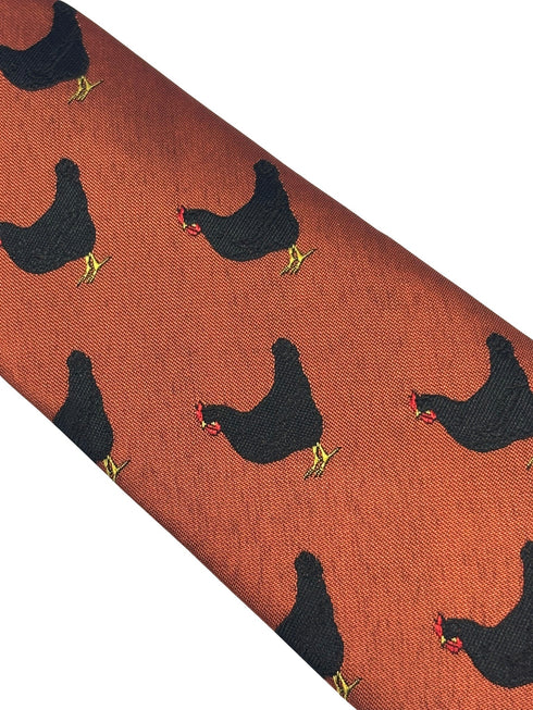 copper burnt orange tie with chicken rooster embroidered design