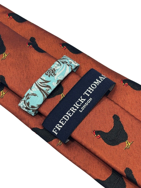 copper burnt orange tie with chicken rooster embroidered design
