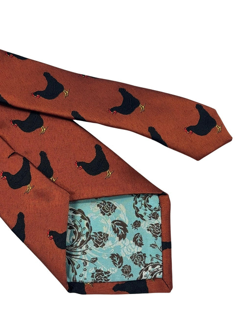 copper burnt orange tie with chicken rooster embroidered design