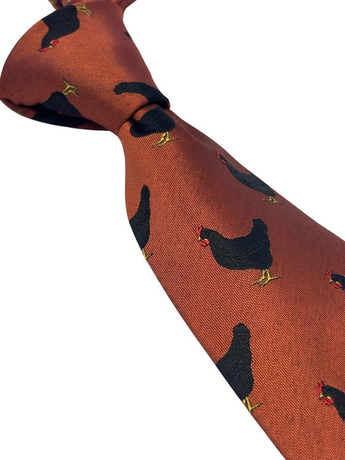 copper burnt orange tie with chicken rooster embroidered design