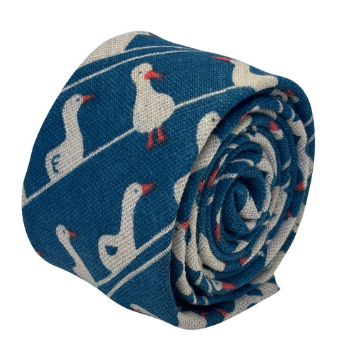 cobalt medium blue linen tie with white goose duck design