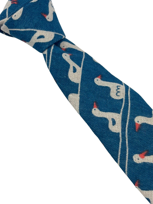 cobalt medium blue linen tie with white goose duck design