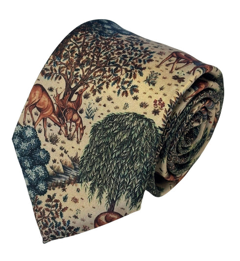 cream beige woodland design tie in the style of William Morris Deer by a Brook Tapestry