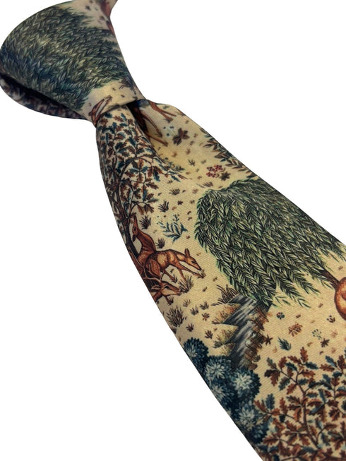cream beige woodland design tie in the style of William Morris Deer by a Brook Tapestry