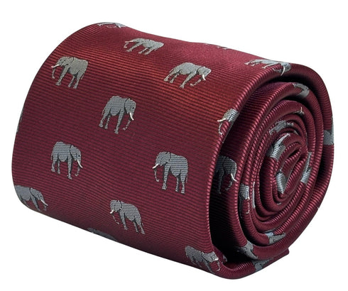 maroon red burgundy tie with grey African elephant design