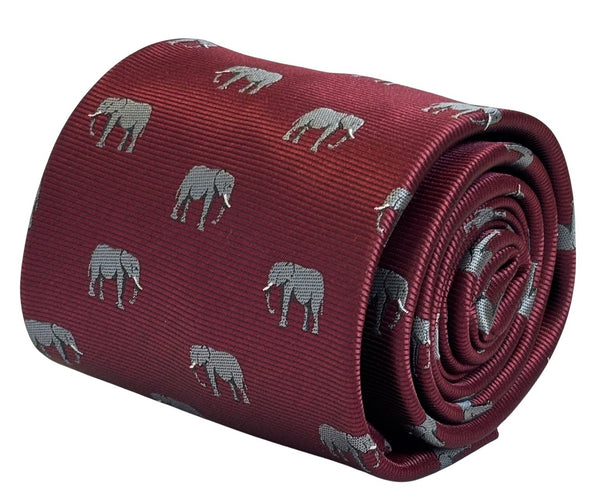 maroon red burgundy tie with grey African elephant design