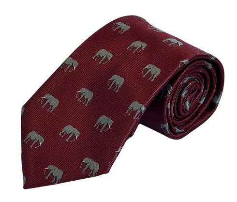 maroon red burgundy tie with grey African elephant design