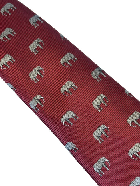 maroon red burgundy tie with grey African elephant design