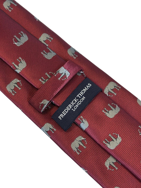 maroon red burgundy tie with grey African elephant design