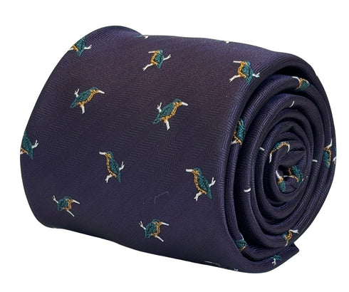 dark indigo purple tie with kingfisher design