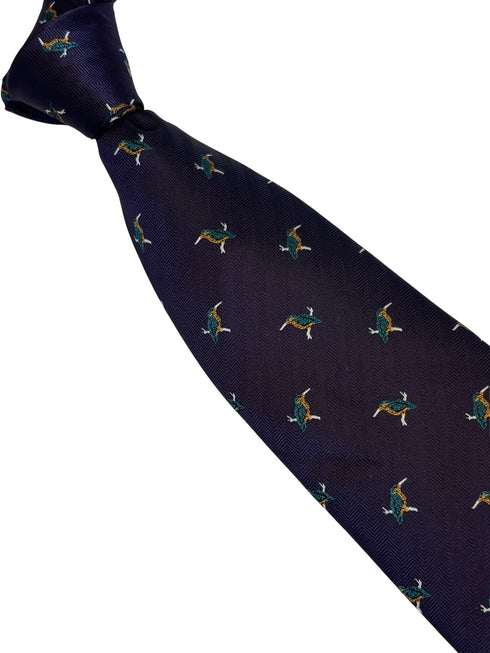dark indigo purple tie with kingfisher design