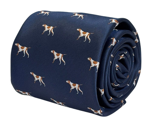 navy dark blue tie with pointer, hunting, hound, gun dog design