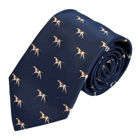 navy dark blue tie with pointer, hunting, hound, gun dog design