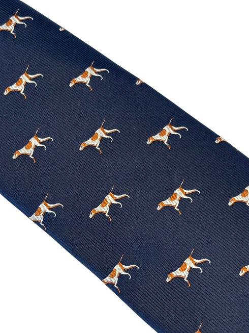 navy dark blue tie with pointer, hunting, hound, gun dog design