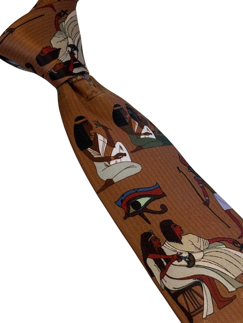 golden light brown tie with Egyptian hieroglyphics design