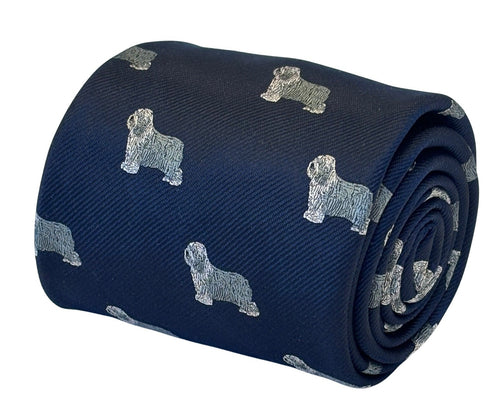 navy dark blue tie with Old english sheepdog dulux dog design