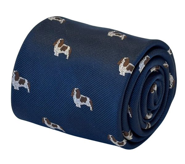 navy dark blue tie with Cavalier King Charles Spaniel dog design