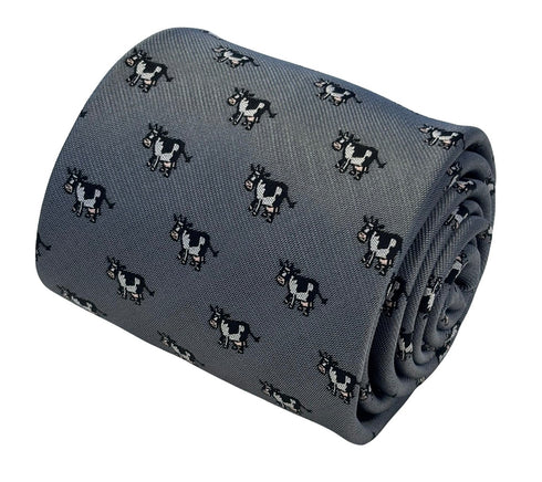 silver grey tie with dairy fresian cow design