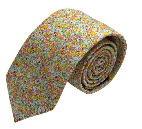 pink and yellow wildflower english meadow floral garden cotton tie in a Liberty style design