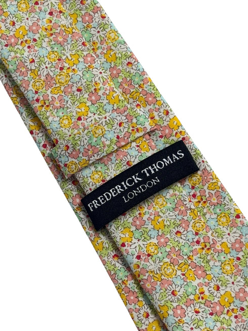 pink and yellow wildflower english meadow floral garden cotton tie in a Liberty style design