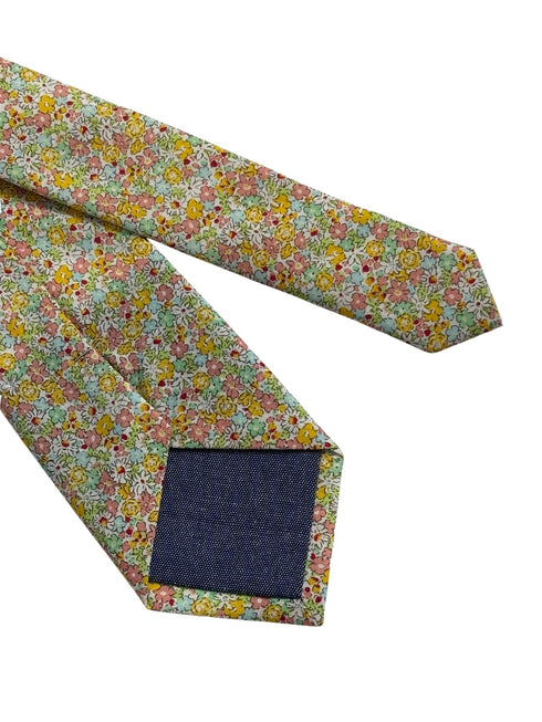 pink and yellow wildflower english meadow floral garden cotton tie in a Liberty style design