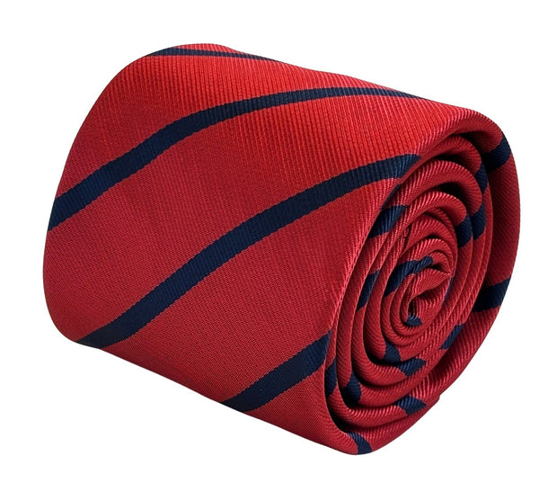 red tie with navy blue stripes