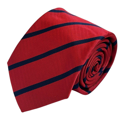 red tie with navy blue stripes