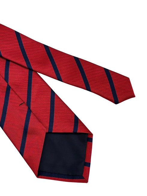 red tie with navy blue stripes