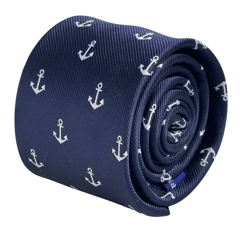 navy dark blue tie with a nautical white anchor design